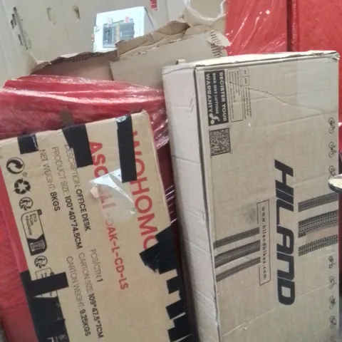 PALLET OF ASSORTED HOUSEHOLD GOODS AND PRODUCTS TO INCLUDE;HILAND BICYCLE,OFFICE DESK,AIRFRYER