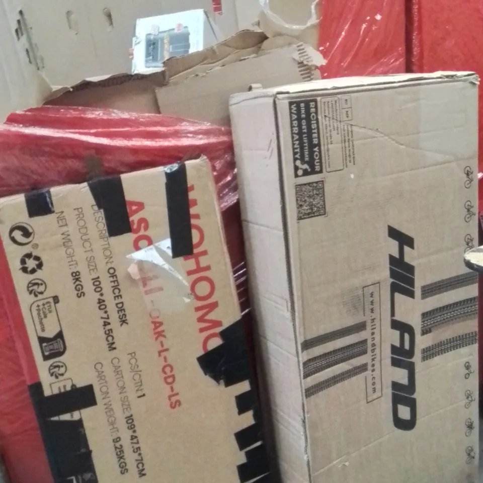 PALLET OF ASSORTED HOUSEHOLD GOODS AND PRODUCTS TO INCLUDE;HILAND BICYCLE,OFFICE DESK,AIRFRYER