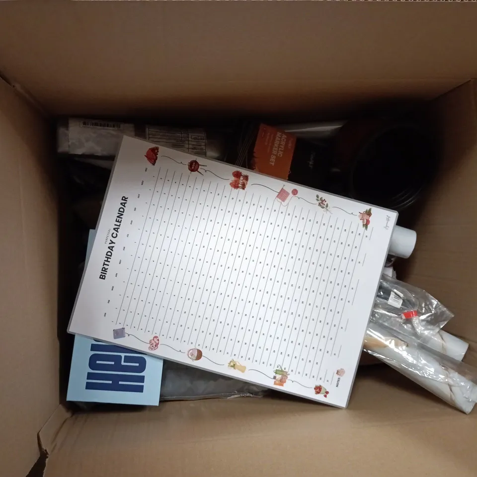 BOX OF APPROXIMATELY 20 ASSORTED HOUSEHOLD ITEMS INCLUDING WALLPAPERS, 100% SILK EYE MASK, RECORD CARDS PACK OF 3 AND ACRYLIC MARKER SET