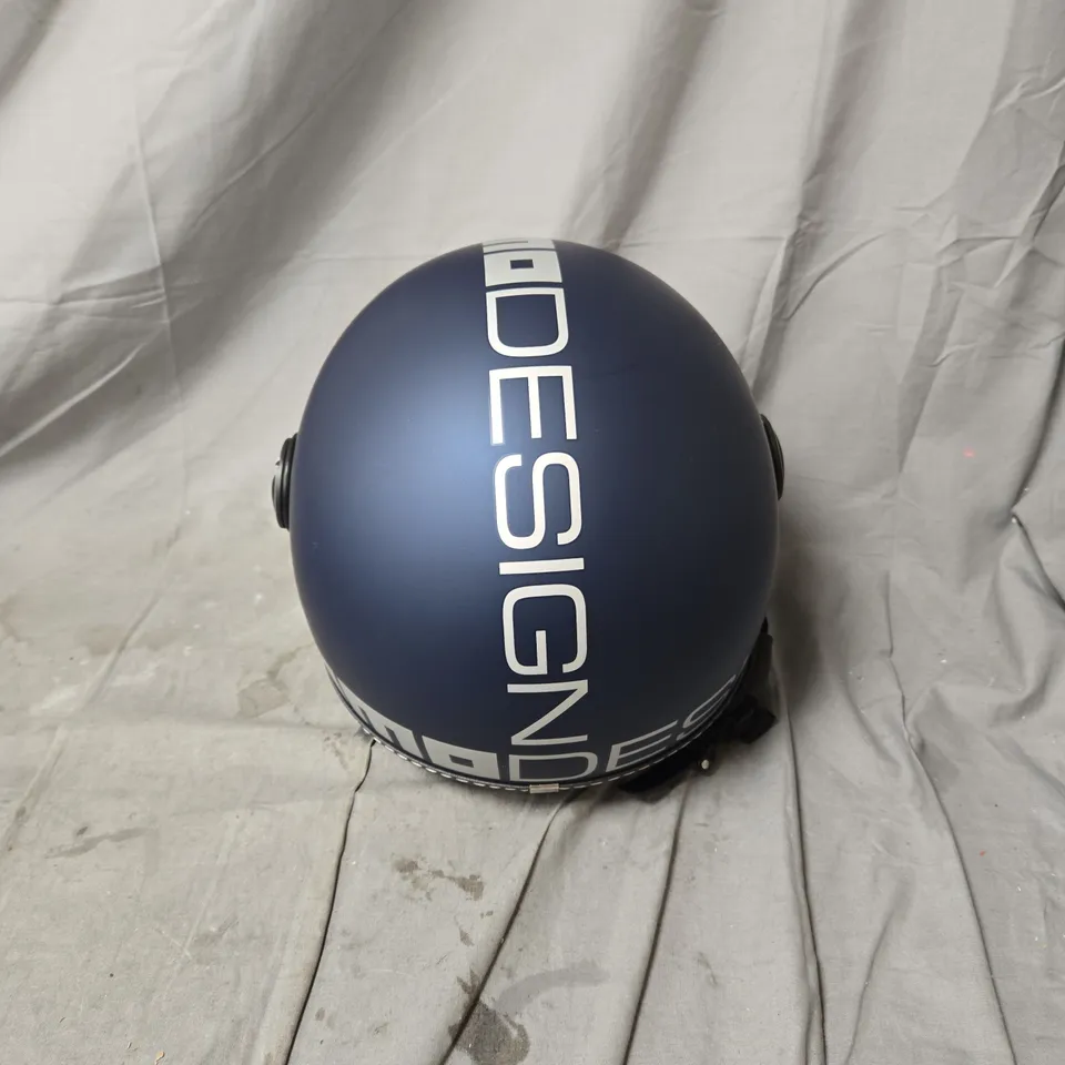 MOMO DESIGN BLUE OPEN-FACE MOTORCYCLE HELMET WITH WHITE LETTERING AND CLEAR VISOR