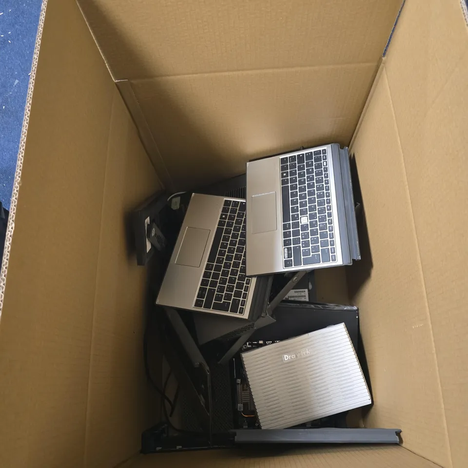 BOX OF APPROXIMATELY 12 ASSORTED COMPUTER RELATED ITEMS/SPARE PARTS TO INCLUDE CISCO 10 PORT SWITCH, DRAYTEK VIGOR2862 SECURITY FIREWALL, KEYBOARD ATTACHMENTS ETC