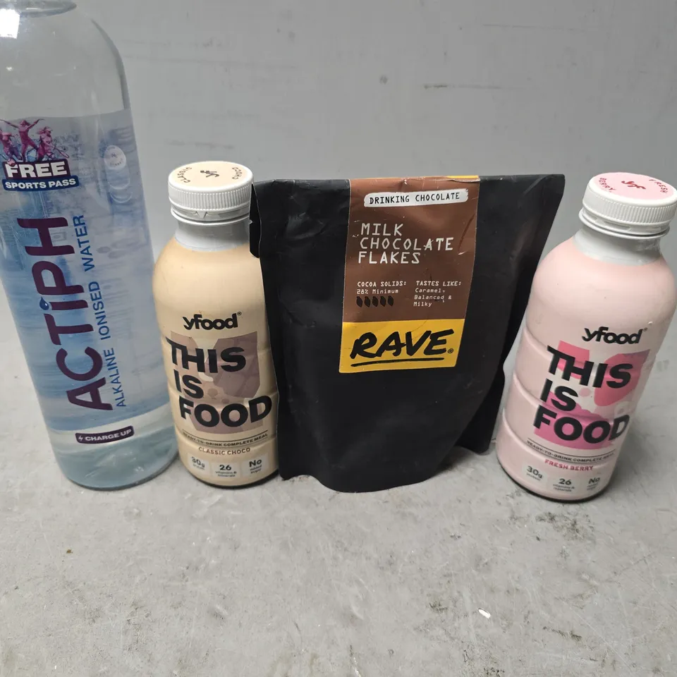 APPROXIMATELY 8 ASSORTED FOOD & DRINK ITEMS TO INCLUDE - RAVE MILK CHOCOLATE FLAKES , Y FOOD , ACTIPH WATER ETC