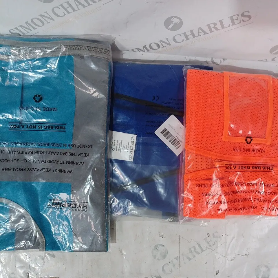 APPROXIMATELY 5 ASSORTED HI-VIS SAFETY VESTS IN VARIOUS COLOURS AND SIZES