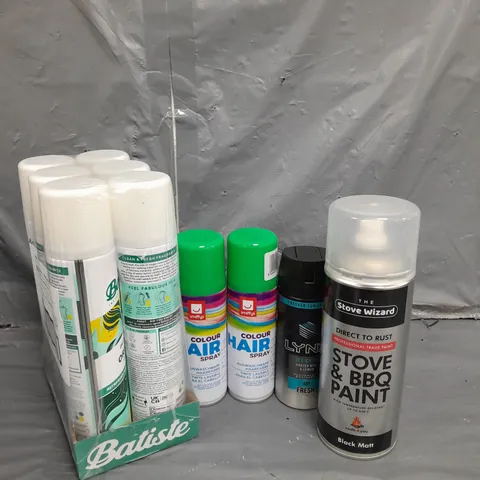 APPROXIMATELY 10 ASSORTED AEROSOLS TO INCLUDE DRY SHAMPOO , BBQ PAINT , LYNX BODY SPRAY , ETC 