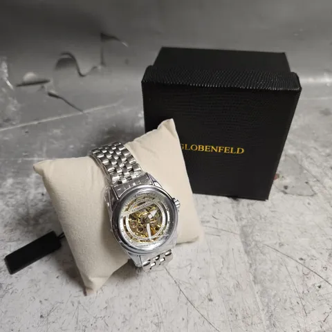 BOXED GLOBENFIELD EXHIBITION DIAL GENTS WATCH WITH SKELETON BACK CASE AND METAL STRAP