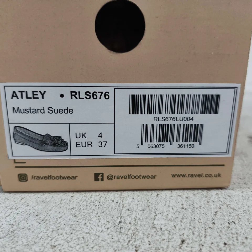 BOXED PAIR OF RAVEL ATLEY MUSTARD SUEDE LOAFERS – UK 4
