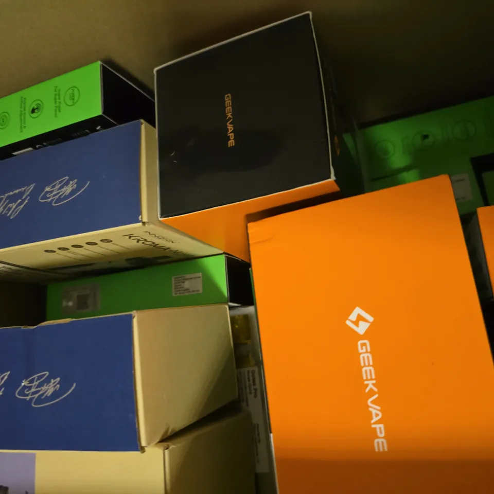 BOX OF APPROXIMATELY 18 ASSORTED E-CIGARETTES PRODUCTS TO INCLUDE - VAPORESSO, GEEK VAPE ETC