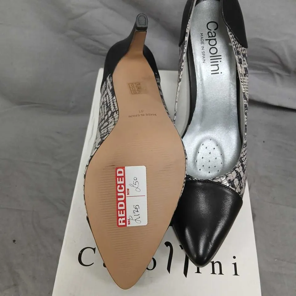 CAPOLLINI RAYNA BLACK SNAKE PATTERN HIGH HEELS – UK 8 (EU 41)