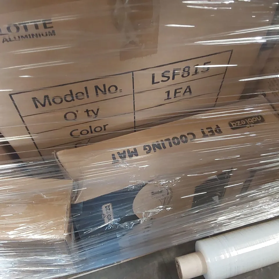 PALLET CONTAINING A LARGE ASSORTMENT OF CONSUMER PRODUCTS INCLUDING: AIGOSTAR STANDING FANS, WAFFLE MAKER, PET COOLING MAT, CEILING LIGHT, FOOD DEHYDRATOR ECT