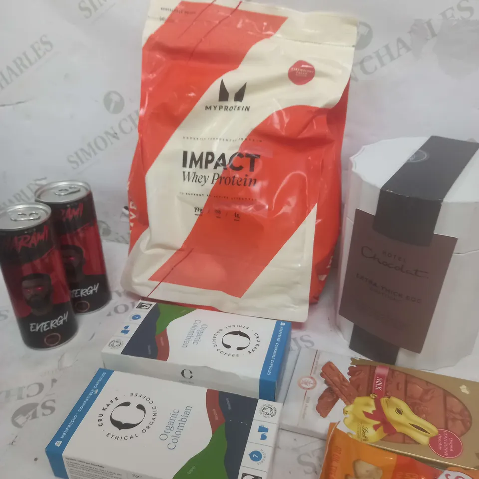 BOX OF APPROXIMATELY 10 ASSORTED ITEMS TO INCLUDE WHEY PROTEIN HARAMI ENERGY, HOTEL CHOCOLAT ETC