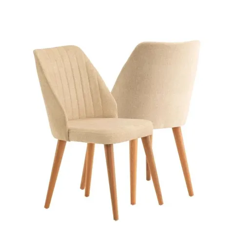 BOXED SOLID WOOD UPHOLSTERED DINING CHAIR PAIR - BEIGE/DARK WOOD