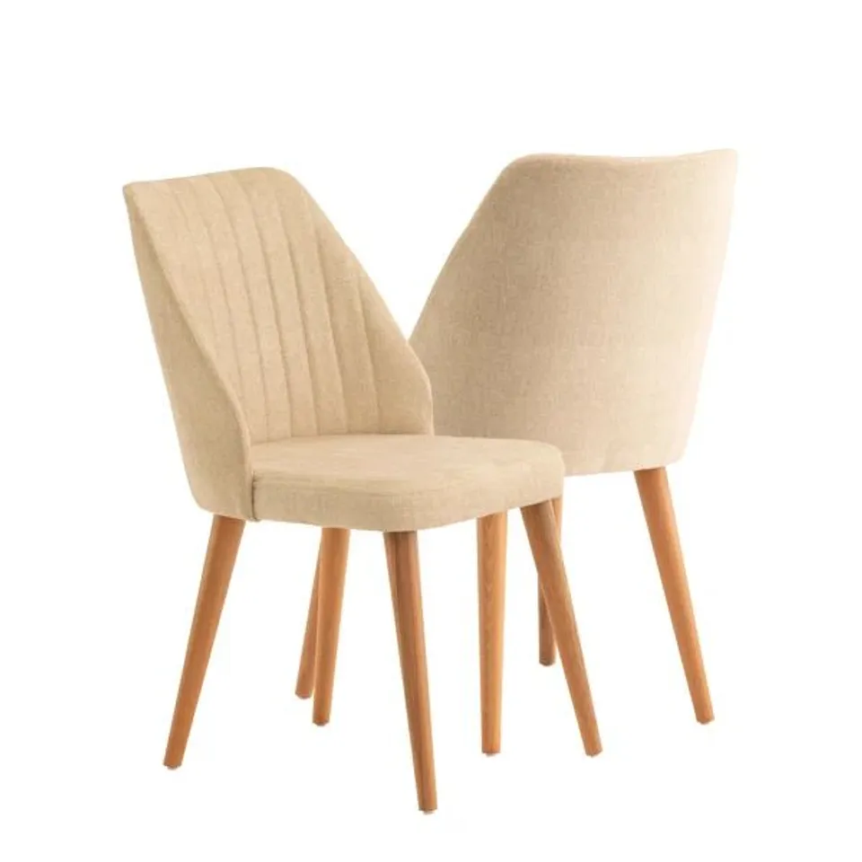 BOXED SOLID WOOD UPHOLSTERED DINING CHAIR PAIR - BEIGE/DARK WOOD