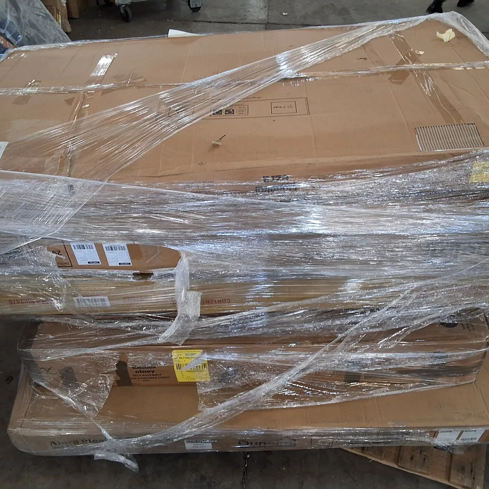 PALLET OF ASSORTED FLAT PACK FURNITURE PARTS TO INCLUDE PARTS FROM VARIOUS BEDFRAMES AND DRAWERS