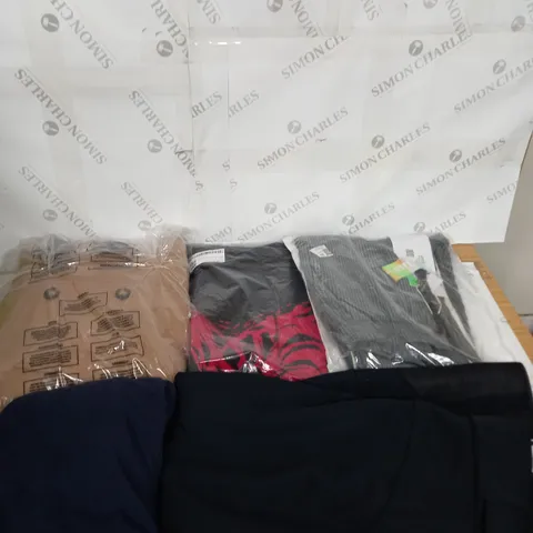 LARGE BOX OF ASSORTED CLOTHING ITEMS IN VARIOUS COLOURS AND SIZES INCLUDING TROUSERS , TOPS AND JUMPERS