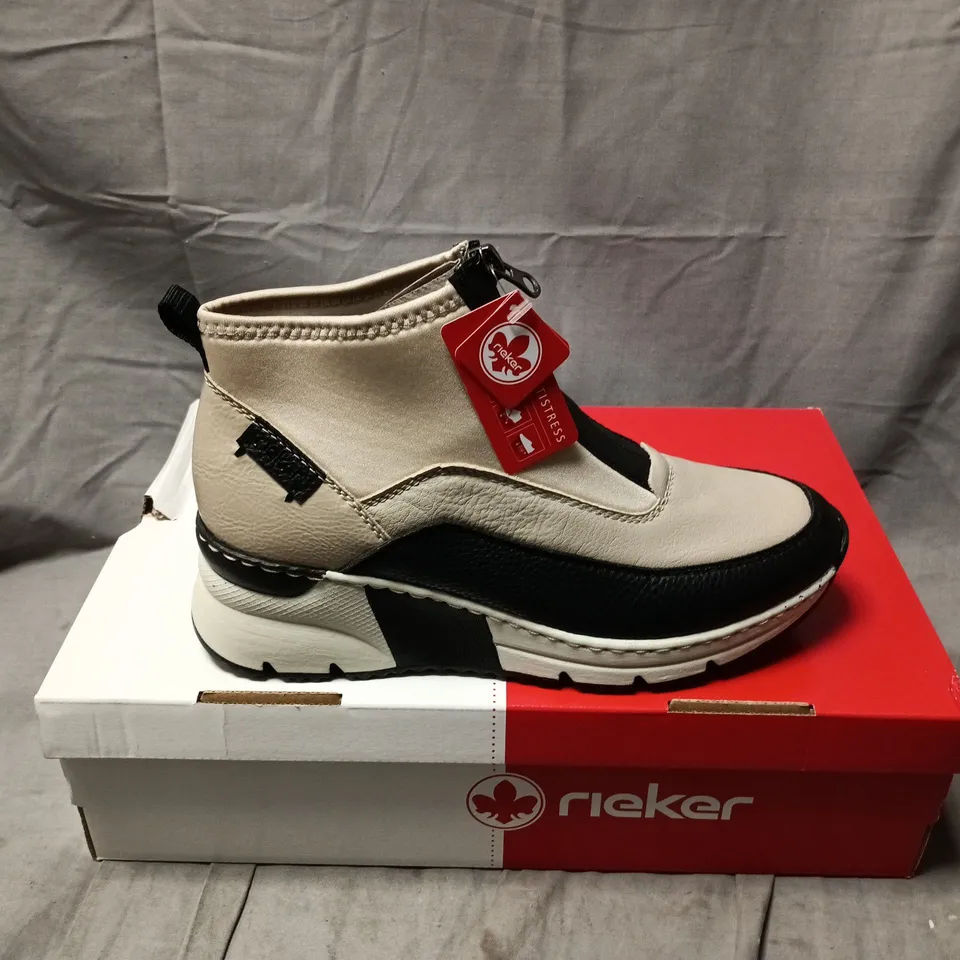 BOXED PAIR OF RIEKER WOMENS BOOTS, N6352-60, BEIGE LADIES ANKLE BOOT - SIZE 38