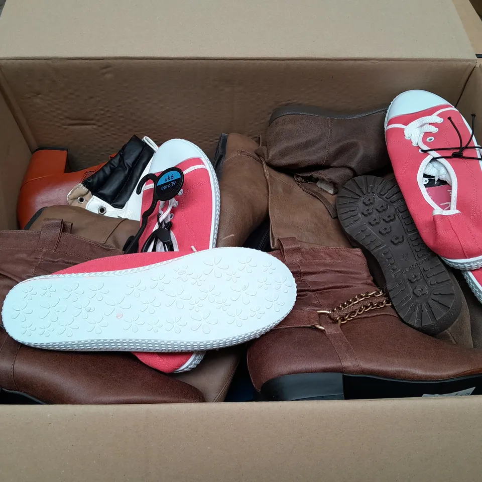 BOX OF APPROXIMATELY 10 ASSORTED PAIRS OF SHOES IN VARIOUS SIZES, COLOURS AND STYLES