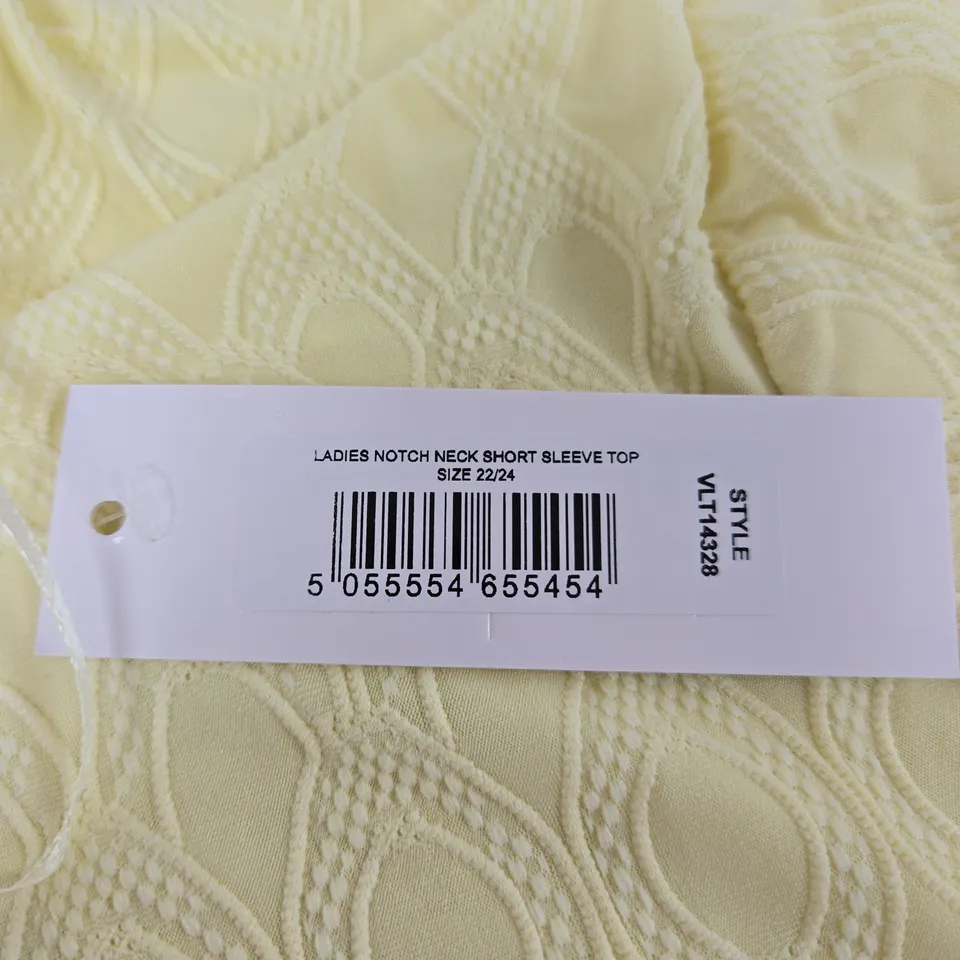 LADIES & NATURAL NOTCH-NECK SHORT-SLEEVE TOP – UK 22/24, YELLOW, TEXTURED PATTERN