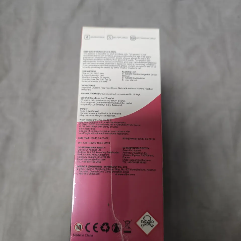 ELF BAR 600 PREFILLED POD KIT – STRAWBERRY ICE, 20MG/ML - 10-PACK