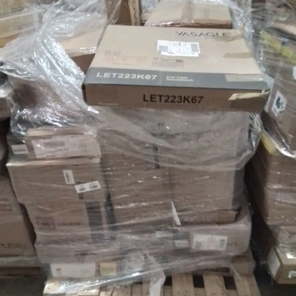 PALLET CONTAINING VARIOUS ASSORTED CUSTOMER RETURNS. TO INCLUDE: SIDE TABLES, BOXED FURNITURE, PEDAL BINS ECT.