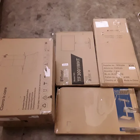 PALLET OF ASSORTED PRODUCTS INCLUDING COOKER HOOD, TV STAND WITH MOUNT, FOLDABLE PLAY MAT, TV STAND, SHOP VAC