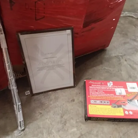 PALLET OF ASSORTED ITEMS INCLUDING - LAMINATE FLOOR CUTTER, PICTURE FRAME,WRAPPING PAPER