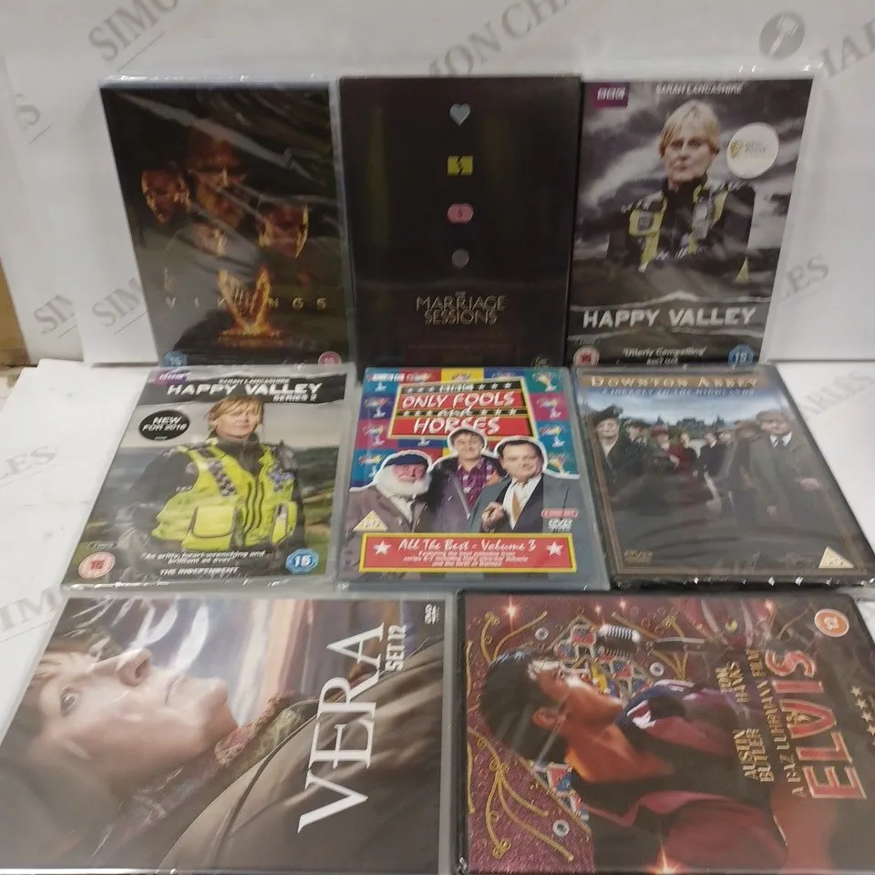BOX TO CONTAIN APPROX. 15 X ASSORTED SEALED FILMS & TV SHOWS. INCLUDES OUTLANDER, ONLY FOOLS & HORSES, DOCTOR WHO ETC 