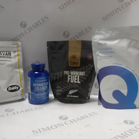 BOX OF APPROX 6 ASSORTED FOOD ITEMS TO INCLUDE - PHENQ COMPLETE MEAL SHAKE - ELITE PRE WORKOUT FUEL - CARAVAN COFFEE ROATERS ECT