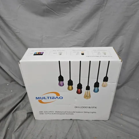 MULTIBAO 48FT OUTDOOR STRING LIGHTS WITH 15 E26 DROPPED SOCKETS – 220-240V WATERPROOF