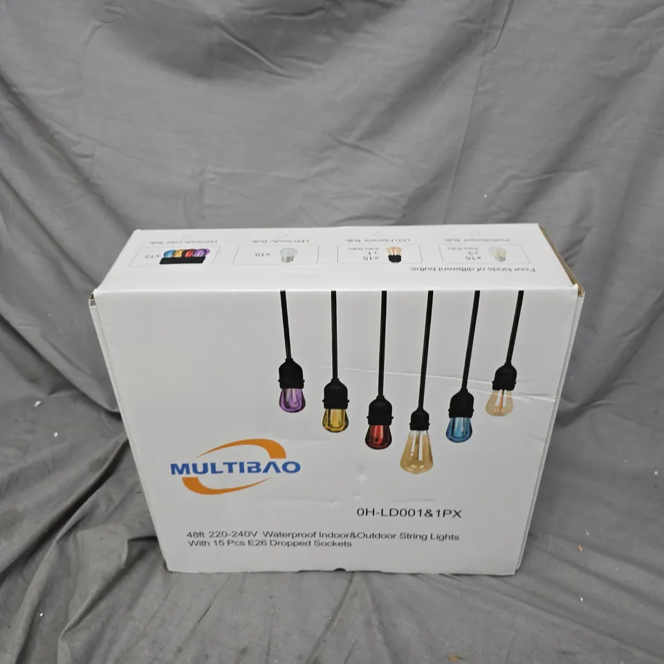 MULTIBAO 48FT OUTDOOR STRING LIGHTS WITH 15 E26 DROPPED SOCKETS – 220-240V WATERPROOF