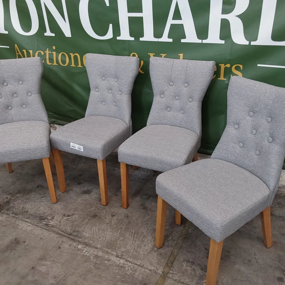 SET OF FOUR UPHOLSTERED DINING CHAIRS BUTTONED BACK GREY FABRIC ON NATURAL WOOD LEGS 