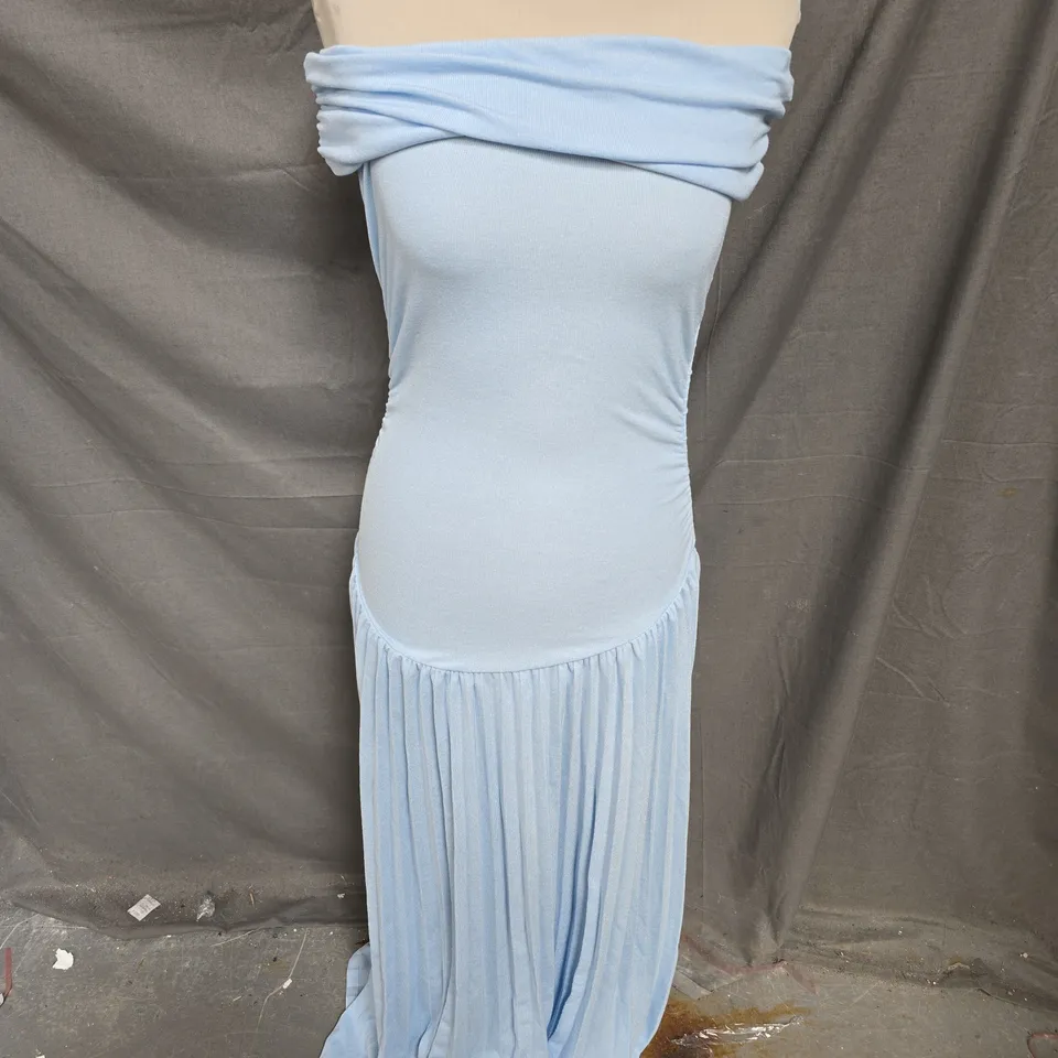 LIONESS DROPPED WAIST OFF SHOULDER MAXI DRESS IN LIGHT BLUE SIZE S