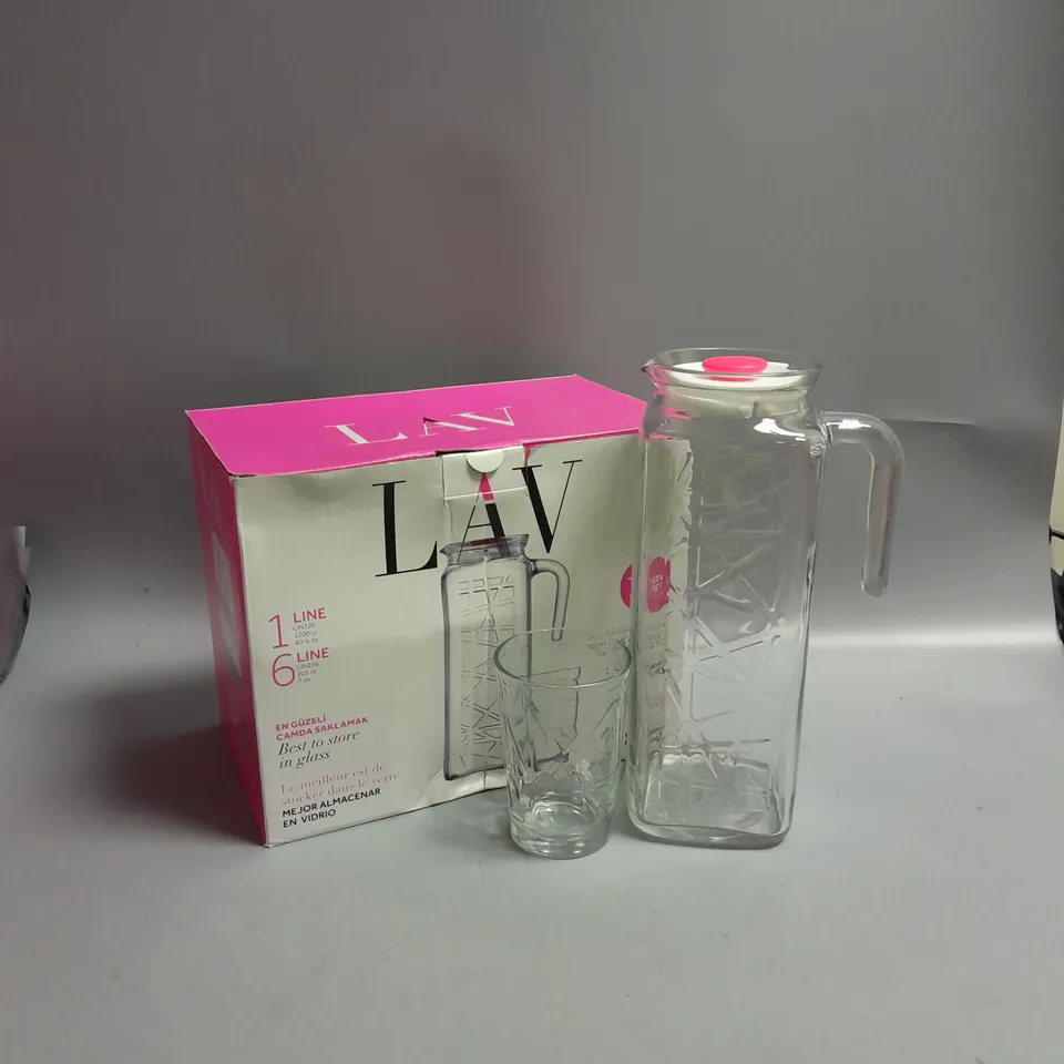 LAV GLASS JUG AND SET OF 6 GLASSES