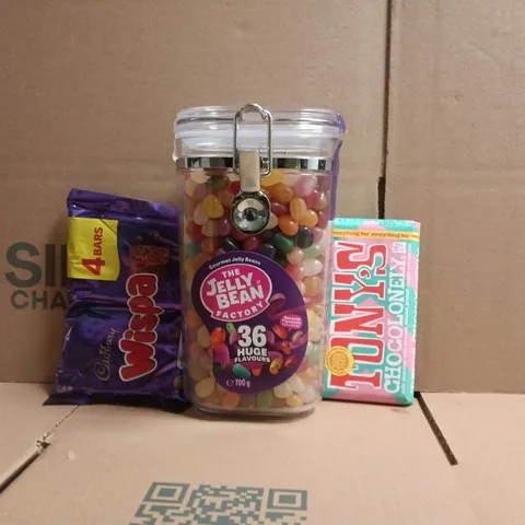 APPROXIMATELY 10 ASSORTED FOOD AND DRINK ITEMS TO INCLUDE JELLY BEANS, CADBURY WISPA, TONY'S ETC