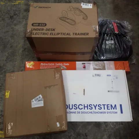 PALLET CONTAINING ASSORTED PRODUCTS INCLUDING UNDER DESK ELECTRIC ELLIPTICAL TRAINER, LAPTOP BACKPACK, RETRACTABLE SAFETY GATE, SHOWER SYSTEM & FOLDING SHOPPING TROLLEY