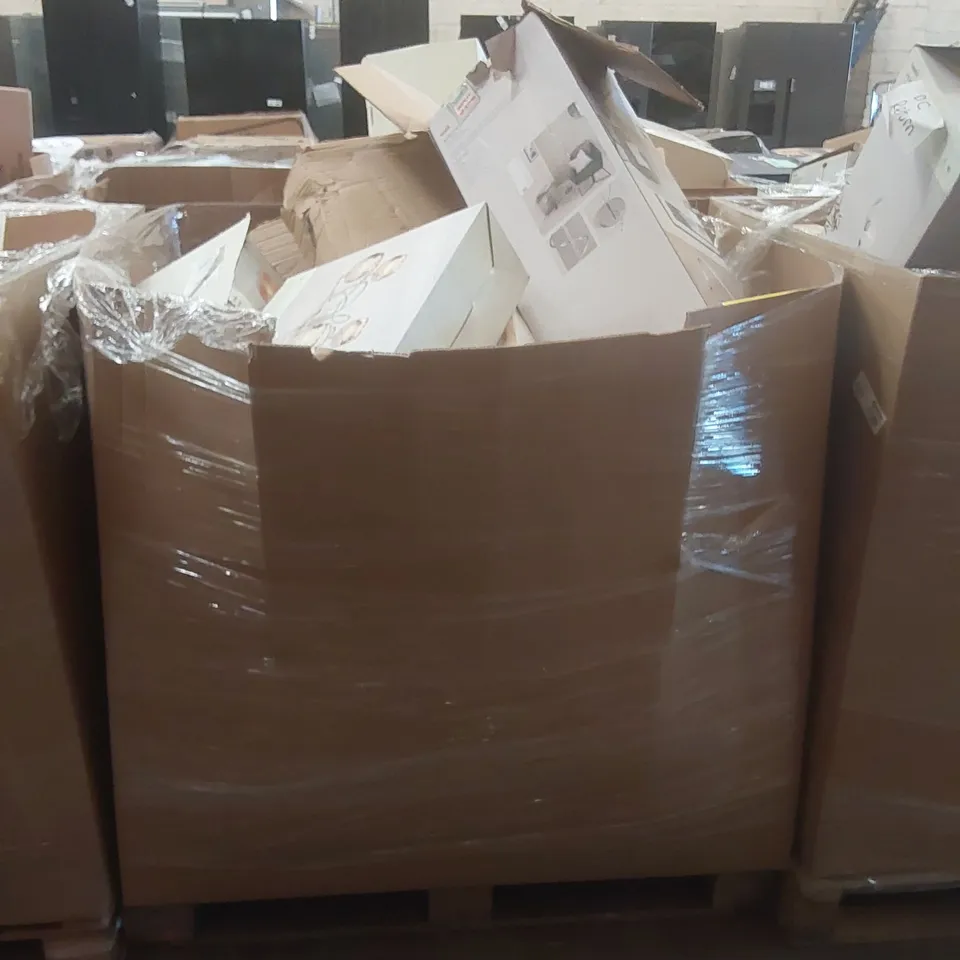 PALLET CONTAINING A VERY LARGE QUANTITY OF ASSORTED DESIGNER LIGHTING PRODUCTS TO INCLUDE: TABLE LAMP, CEILING LIGHTS, FLOOR LAMP ECT