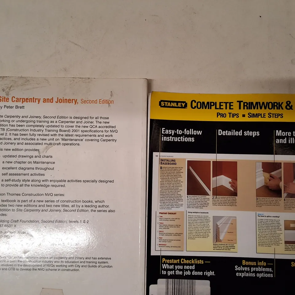 LOT OF 2 WOODWORKING REFERENCE BOOKS: SITE CARPENTRY AND JOINERY (SECOND EDITION) AND STANLEY COMPLETE TRIMWORK & CARPENTRY
