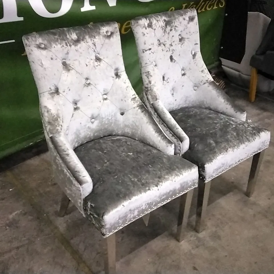 SET OF 2 GREY VELVET BUTTONBACK STUDDED DINING CHAIRS WITH KNOCKER BACK AND CHROME LEGS