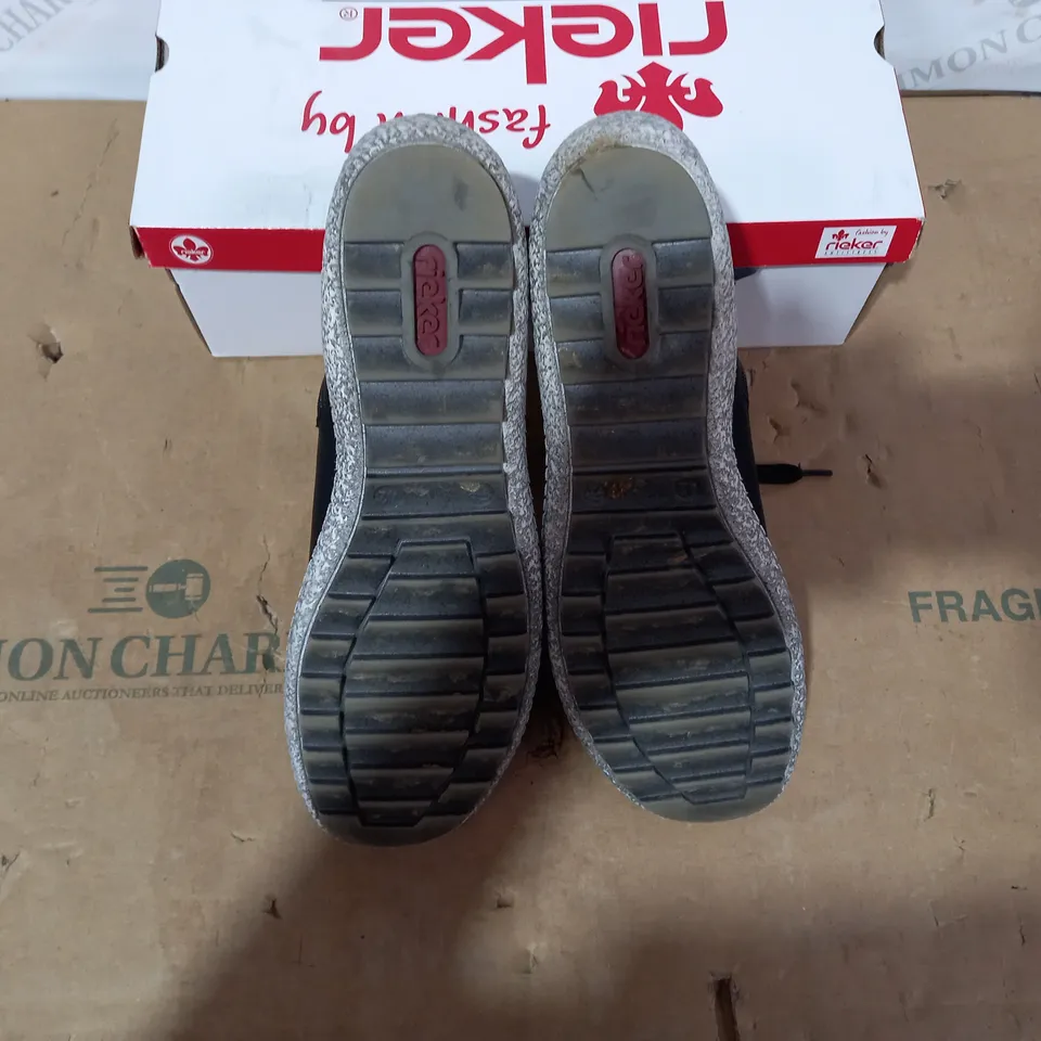 BOXED PAIR OF RIEKER BLACK SHOES - SIZE 42
