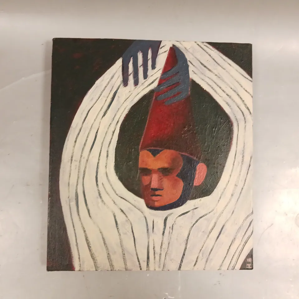 HB INITIALISED 'THAT UNFAMILIAR FEELING/THE HAT THAT SAT RIGHT' ACRYLIC CANVAS PAINTING