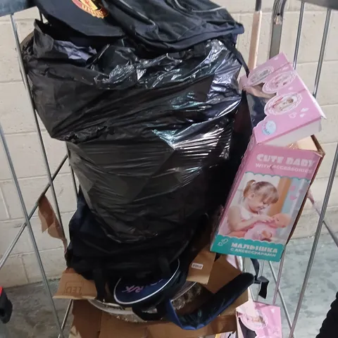 CAGE OF ASSORTED PRODUCTS TO INCLUDE; MANCHESTER UNITED BAGS, ELECTRICAL PACKAGING AND TOYS