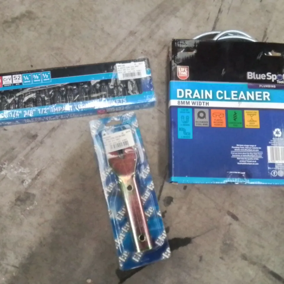 BOX OF ASSORTED ITEMS TO INCLUDE;TORX BIT SOCKETS,REMOVAL PAD TRIMMER,DRAIN CLEANER,ETC