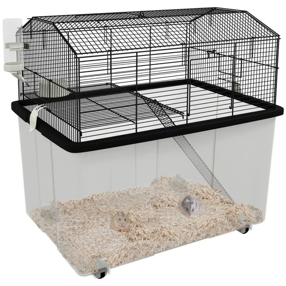 BOXED PAWHUT TWO-TIER GERBIL CAGE, HAMSTER CAGE FOR DWARF HAMSTER, SYRIAN HAMSTER W/ WHEELS, DEEP BOTTOM, FOOD DISH, WATER BOTTLE (1 BOX)