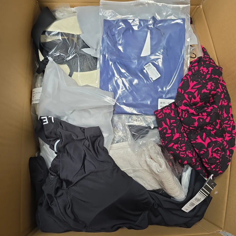 LARGE BOX OF APPROXIMATELY 20 ASSORTED CLOTHING ITEMS IN VARIOUS SIZES, STYLES AND COLOUR 