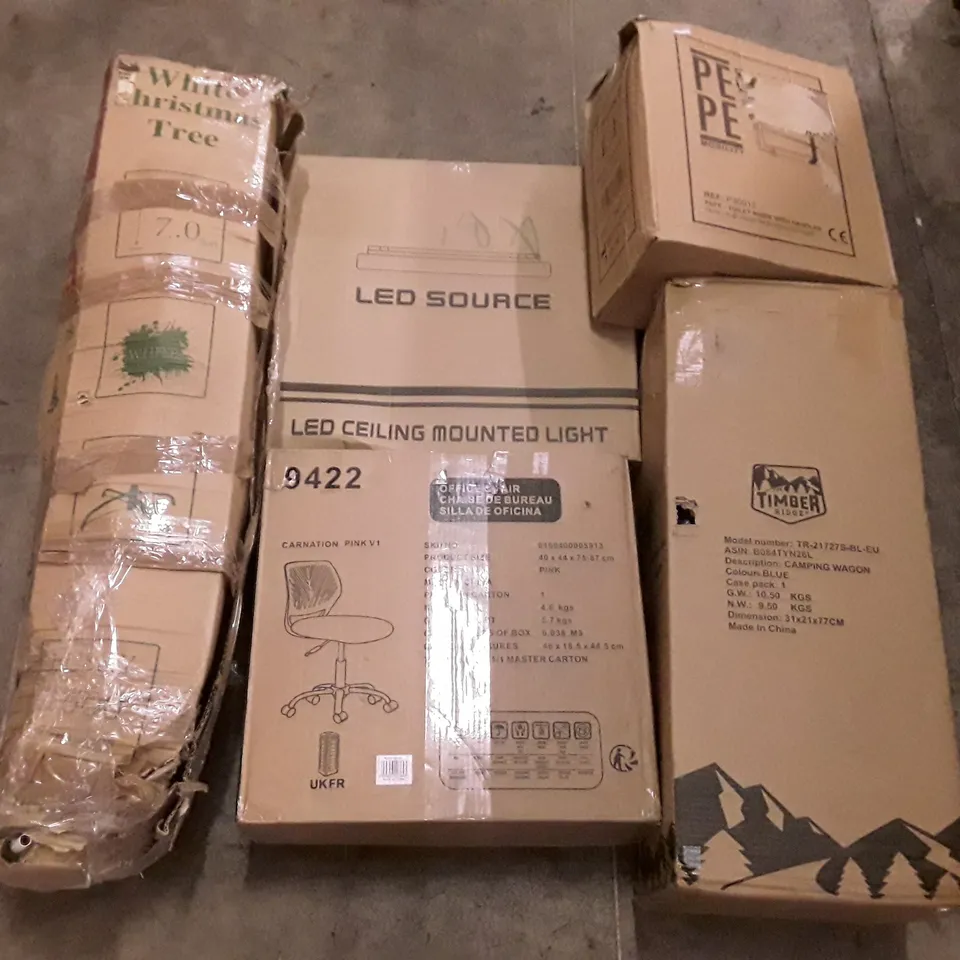 PALLET OF ASSORTED PRODUCTS INCLUDING WHITE CHRISTMAS TREE, LED CEILING MOUNTED LIGHT, OFFICE CHAIR, CAMPING WAGON, TOILET RISER WITH HANDLES