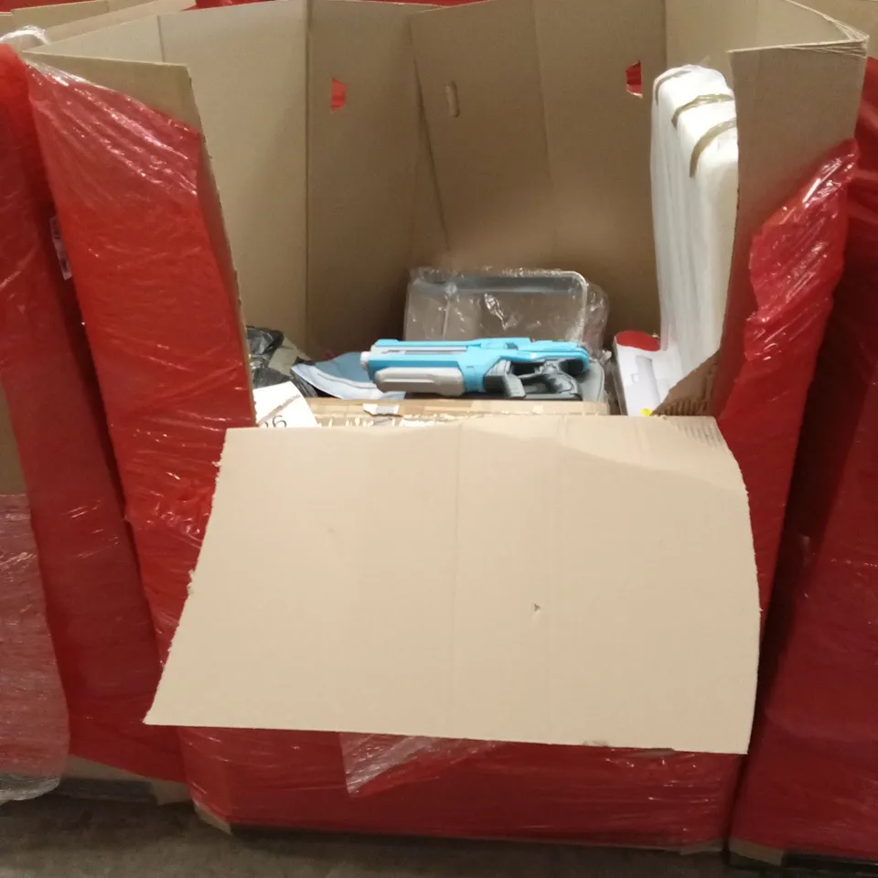 PALLET OF ASSORTED HOUSEHOLD GOODS AND PRODUCTS TO INCLUDE; WATER GUN, MATTRESS TOPPER, BLIND, RETRACTABLE GATE ETC