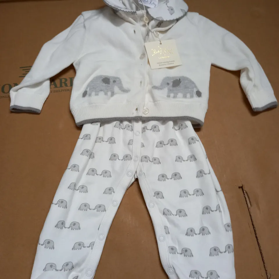 RACHEL RILEY LONDON BABYGROW AND CARDIGAN WITH ELEPHANT DETAIL - 6 MONTHS