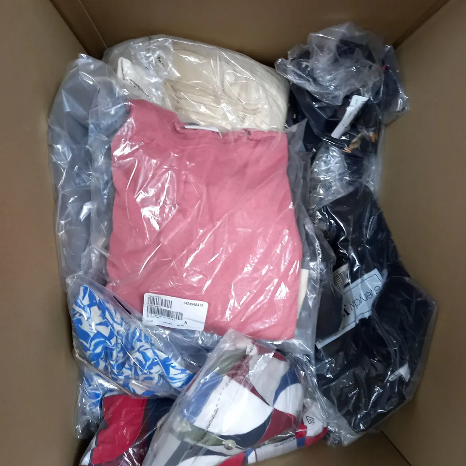 BOX OF APPROXIMATELY 20 ASSORTED HOUSEHOLD ITEMS TO INCLUDE SHIRT, SKIRT, DRESS ETC