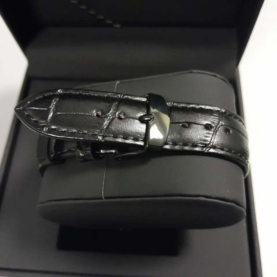 MENS TALIS CO BLACK CHRONOGRAPH WATCH WITH MOON PHASE MOVEMENT AND LEATHER STRAP IN GIFT BOX