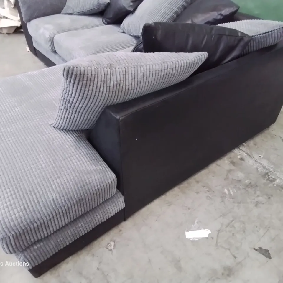DESIGNER CHAISE SOFA WITH SCATTER CUSHIONS BLACK FAUX LEATHER & GREY JUMBO CHORD 