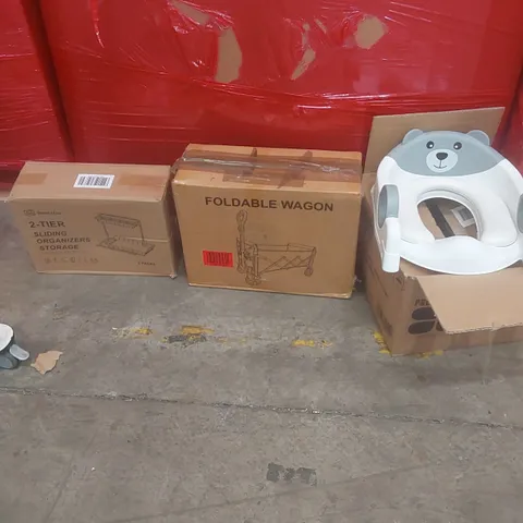 PALLET OF ASSORTED PRODUCTS AND ITEMS TO INCLUDE:FOLDABLE WAGON,2-TIERS SLIDING ORGANIZER STORAGE.
